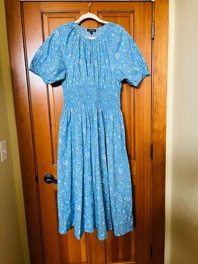 J. Crew Blue Floral Puff Sleeve Midi Dress
